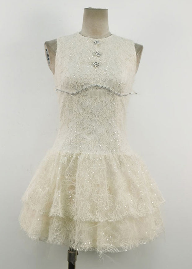 White O Neck Sequins Tulle Mid Dress Sleeveless