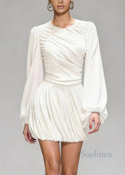 White O Neck Wrinkled Patchwork Mid Dress Lantern Sleeve