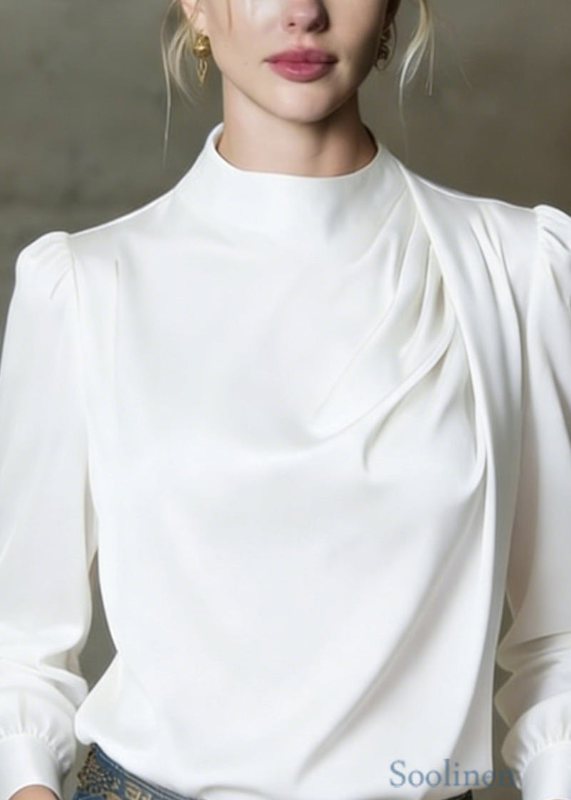 White O Neck Wrinkled Silk Shirts Spring