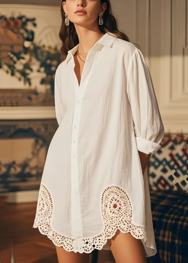 White Oversized Hollow Out Cotton Long Shirts Spring