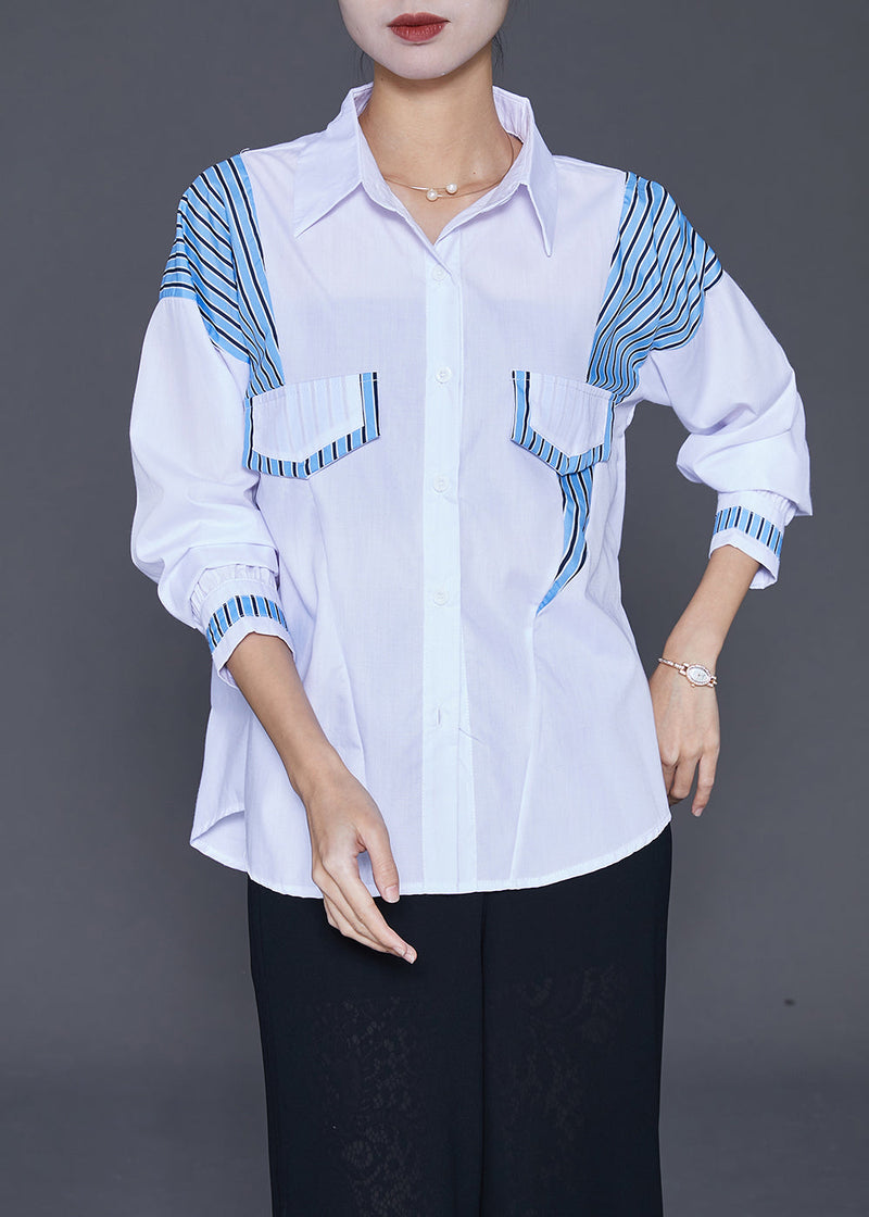 White Oversized Patchwork Striped Cotton Blouse Tops Fall
