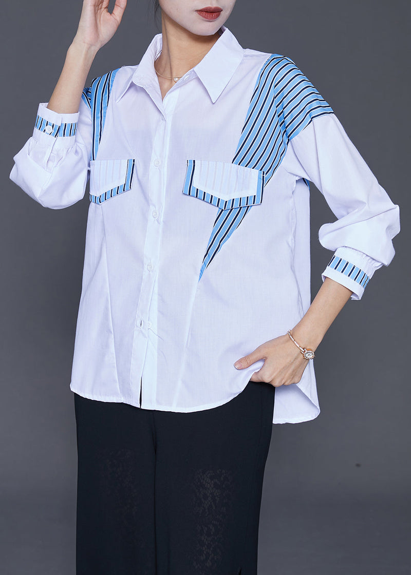 White Oversized Patchwork Striped Cotton Blouse Tops Fall