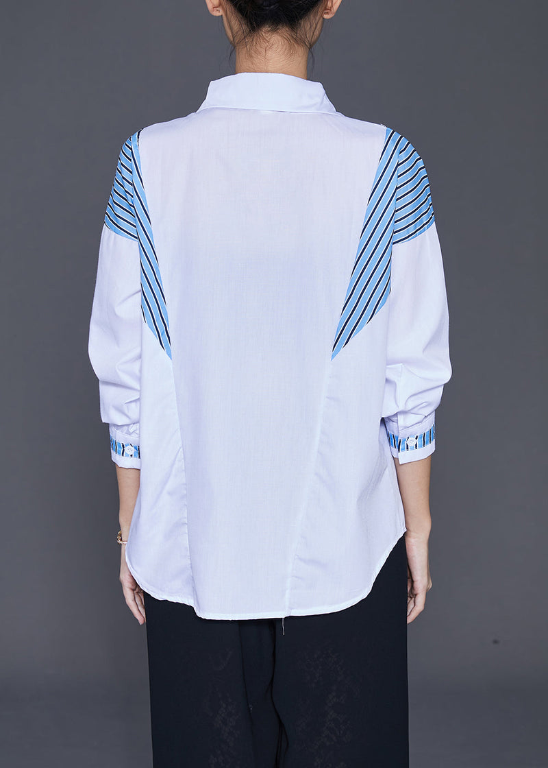White Oversized Patchwork Striped Cotton Blouse Tops Fall