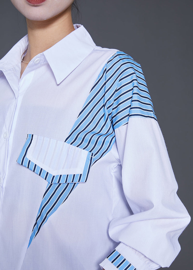 White Oversized Patchwork Striped Cotton Blouse Tops Fall