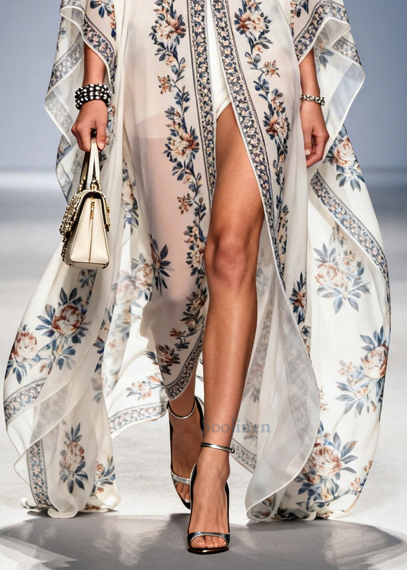 White Oversized Print Chiffon Upf 50+ Holiday Cardigans Summer