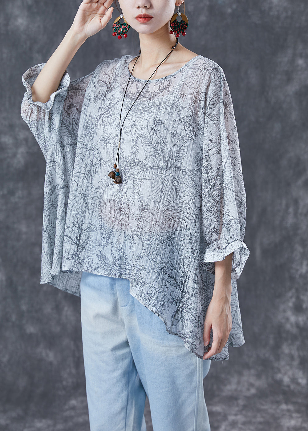 White Oversized Print Low High Design Cotton Tanks Batwing Sleeve