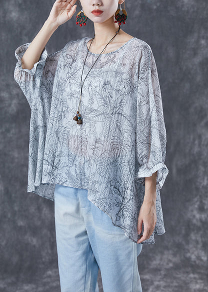 White Oversized Print Low High Design Cotton Tanks Batwing Sleeve