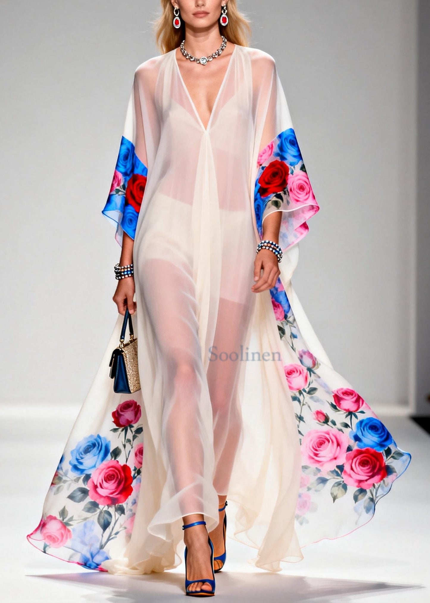 White Oversized Print Sheer Chiffon Maxi Dresses Summer