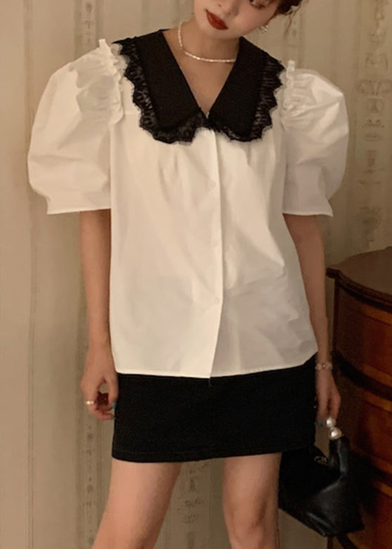 White Peter Pan Collar Lace Patchwork Cotton Top Summer