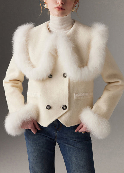 White Peter Pan Collar Patchwork Fox Fur Wool Coat Winter