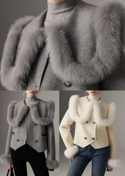 White Peter Pan Collar Patchwork Fox Fur Wool Coat Winter