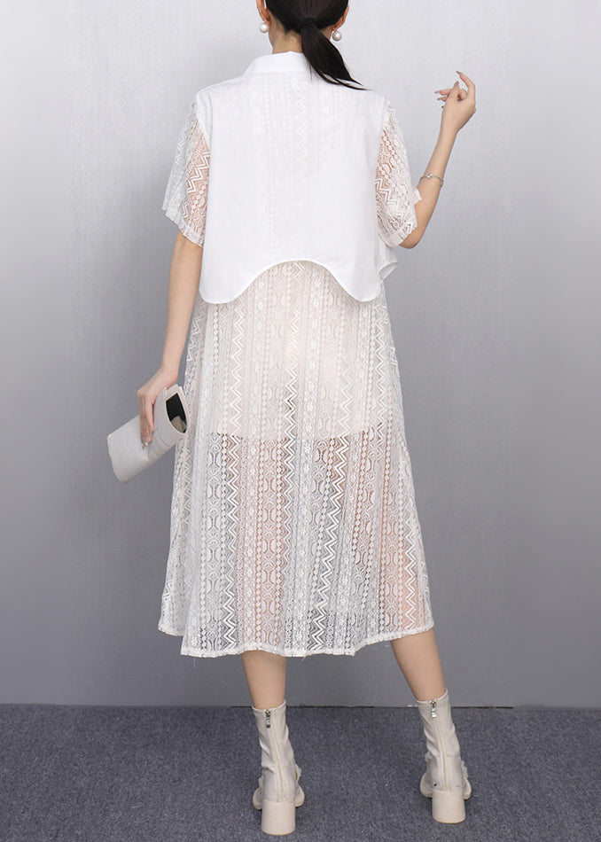 White Peter Pan Collar Patchwork Lace Shirt Dress Summer