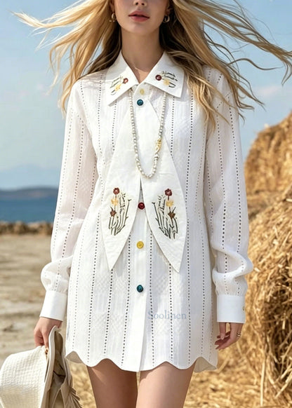 White Peter Pan Collar Print Cotton Mini Dress Spring