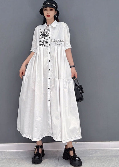 White Peter Pan Collar Print Wrinkled Cotton Party Shirt Dress Short Sleeve