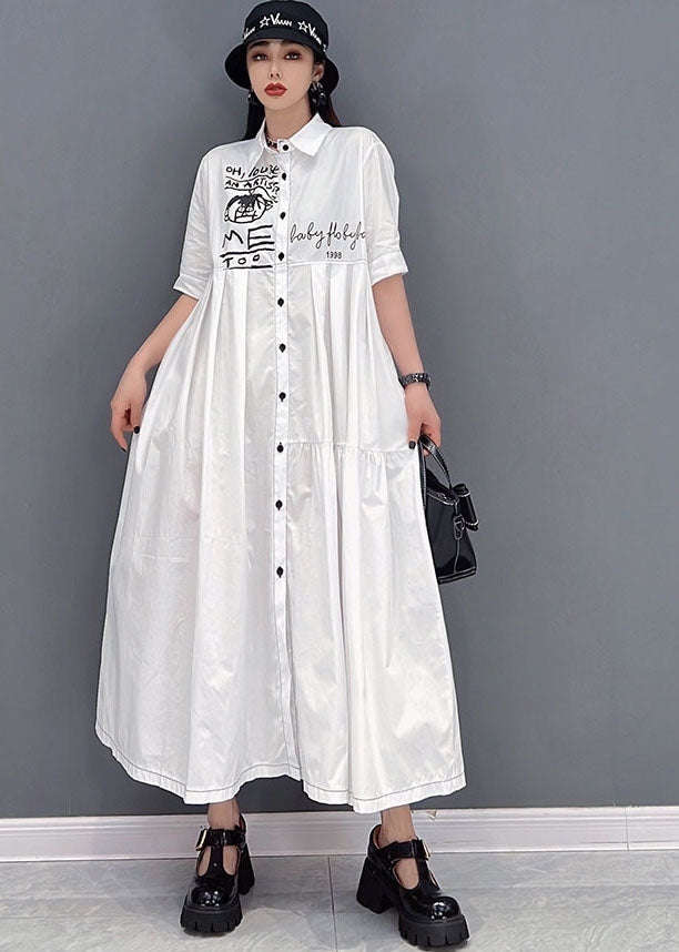 White Peter Pan Collar Print Wrinkled Cotton Party Shirt Dress Short Sleeve