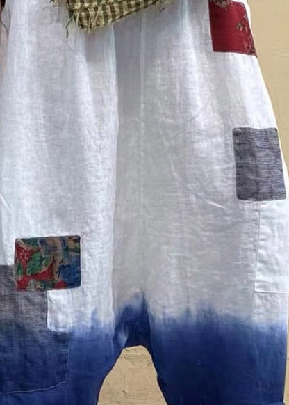 White Pockets Patchwork Elastic Waist Gradient Color Linen Pants Summer