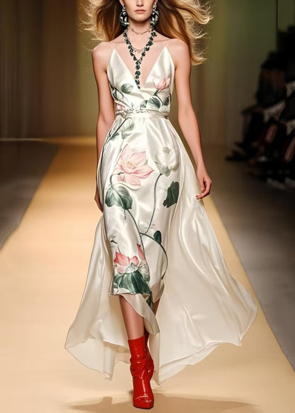 White Print Draping Silk Cami Dresses Summer