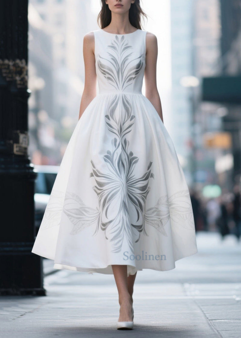 White Print Exra Large Hem Silk Cotton Dress Summer