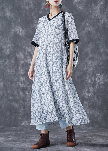 White Print Patchwork Pockets Cotton Long Dresses Summer