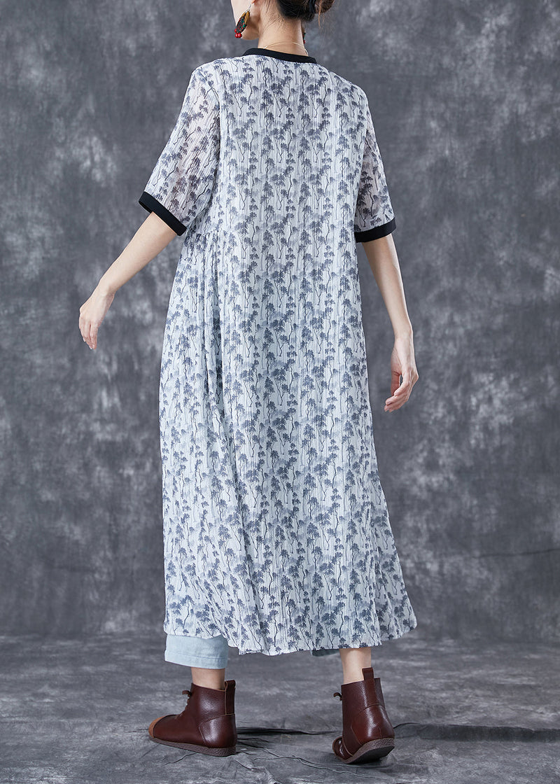 White Print Patchwork Pockets Cotton Long Dresses Summer