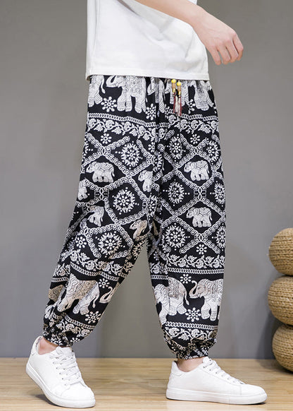 White Print Pockets Cotton Crop Pants Summer