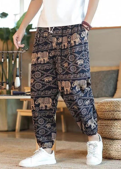White Print Pockets Cotton Crop Pants Summer