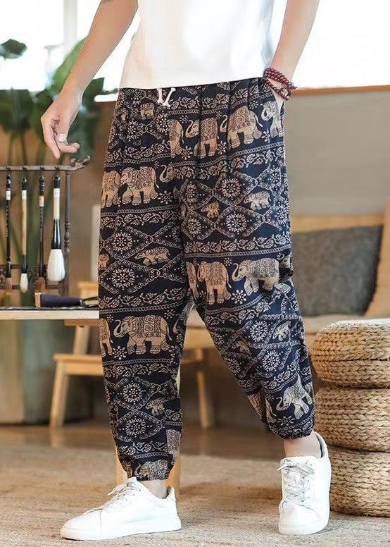 White Print Pockets Cotton Crop Pants Summer