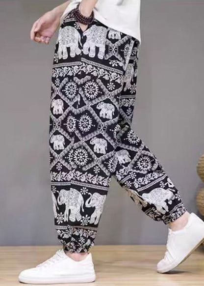 White Print Pockets Cotton Crop Pants Summer