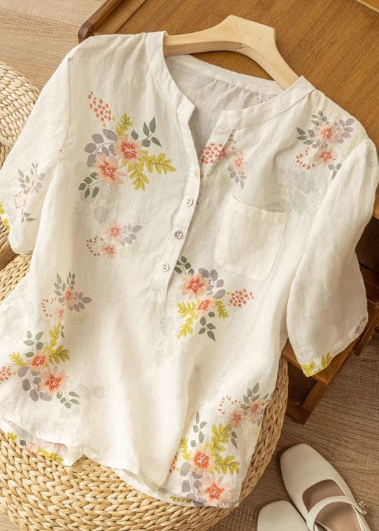 White Print Pockets Patchwork Linen T Shirt Summer