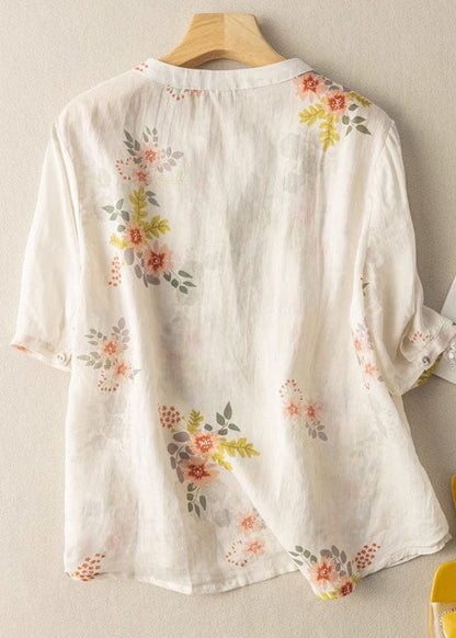 White Print Pockets Patchwork Linen T Shirt Summer