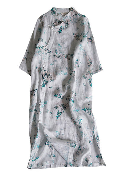 White Print Stand Collar Side Open Linen Cheongsam Dress Summer