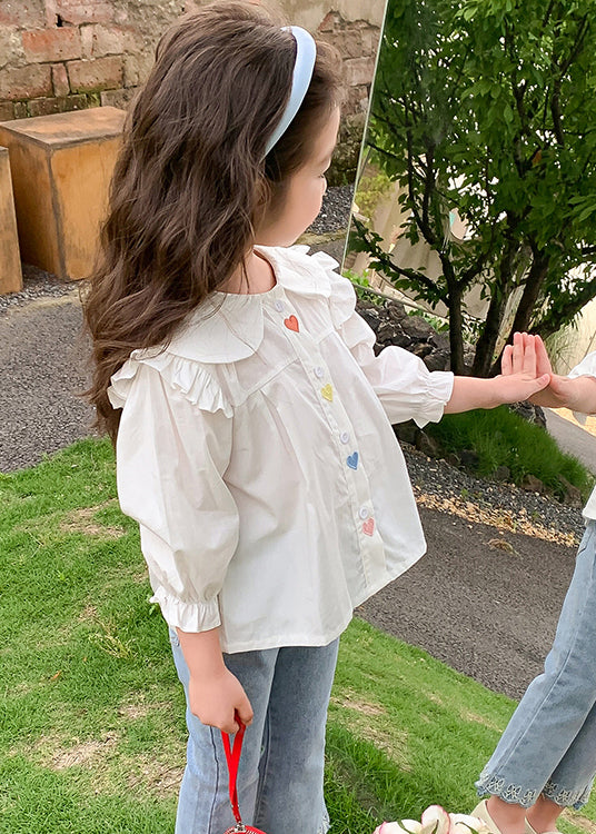 White Ruffled Button Cotton Shirt Flare Sleeve