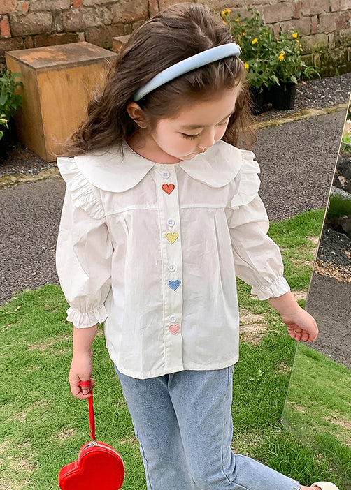 White Ruffled Button Cotton Shirt Flare Sleeve