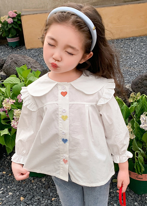 White Ruffled Button Cotton Shirt Flare Sleeve