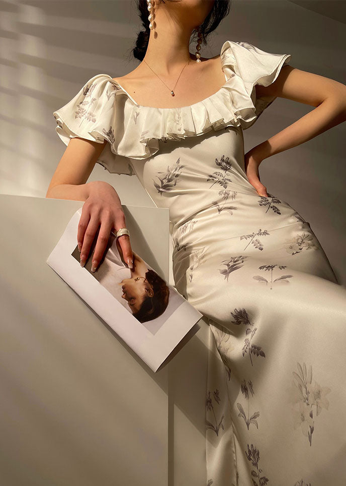 White Ruffled Cold Shoulder Silk Spaghetti Strap Dress Vestidos Summer