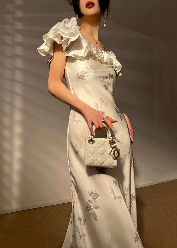White Ruffled Cold Shoulder Silk Spaghetti Strap Dress Vestidos Summer