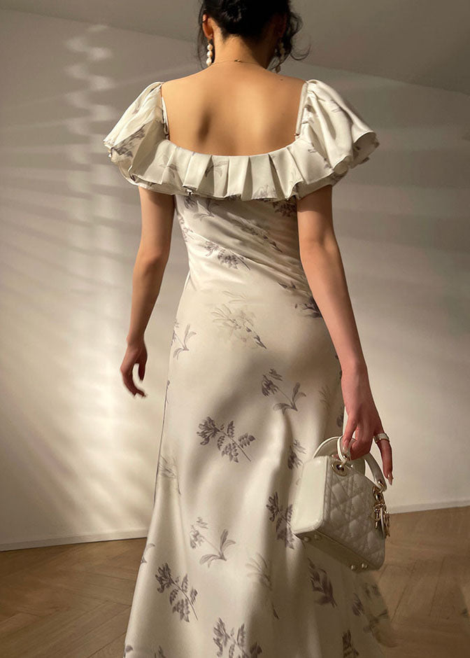 White Ruffled Cold Shoulder Silk Spaghetti Strap Dress Vestidos Summer
