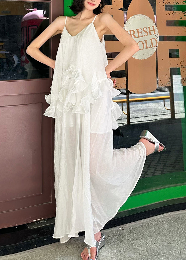 White Ruffled Patchwork Cotton Spaghetti Strap Dress Summer