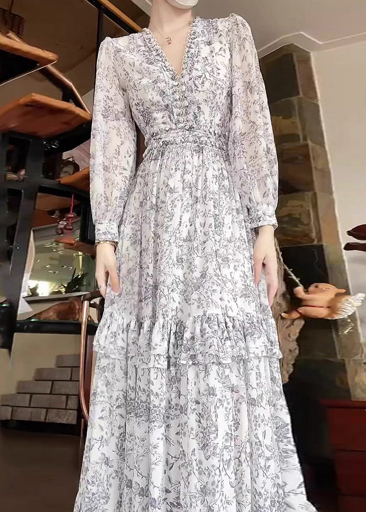 White Ruffled Print Chiffon Dress Long Sleeve