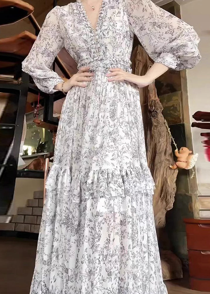 White Ruffled Print Chiffon Dress Long Sleeve