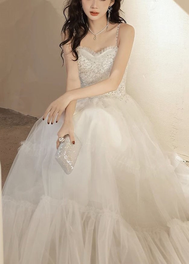 White Ruffled Sequins Tulle Spaghetti Strap Dress Sleeveless