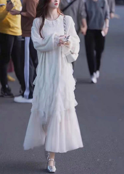 White Tulle Patchwork Maxi Dresses Butterfly Sleeve