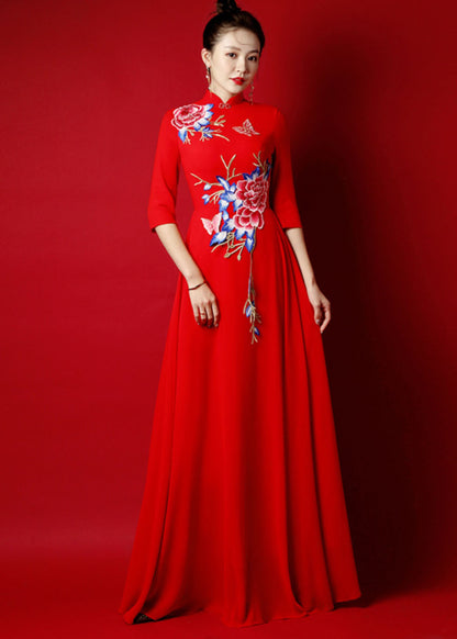 White Stand Collar Embroidered Chiffon Long Dress Bracelet Sleeve