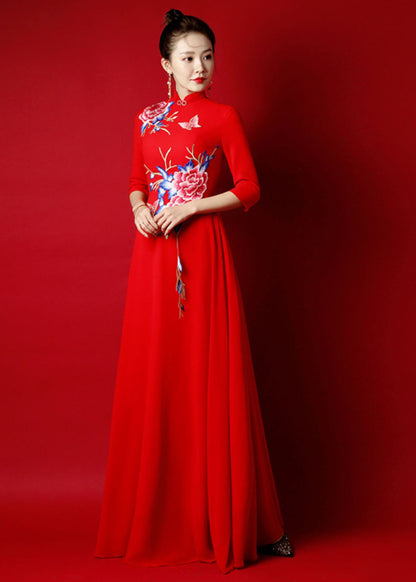 White Stand Collar Embroidered Chiffon Long Dress Bracelet Sleeve