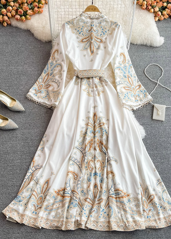 White Stand Collar Print Wrinkled Long Dresses Puff Sleeve
