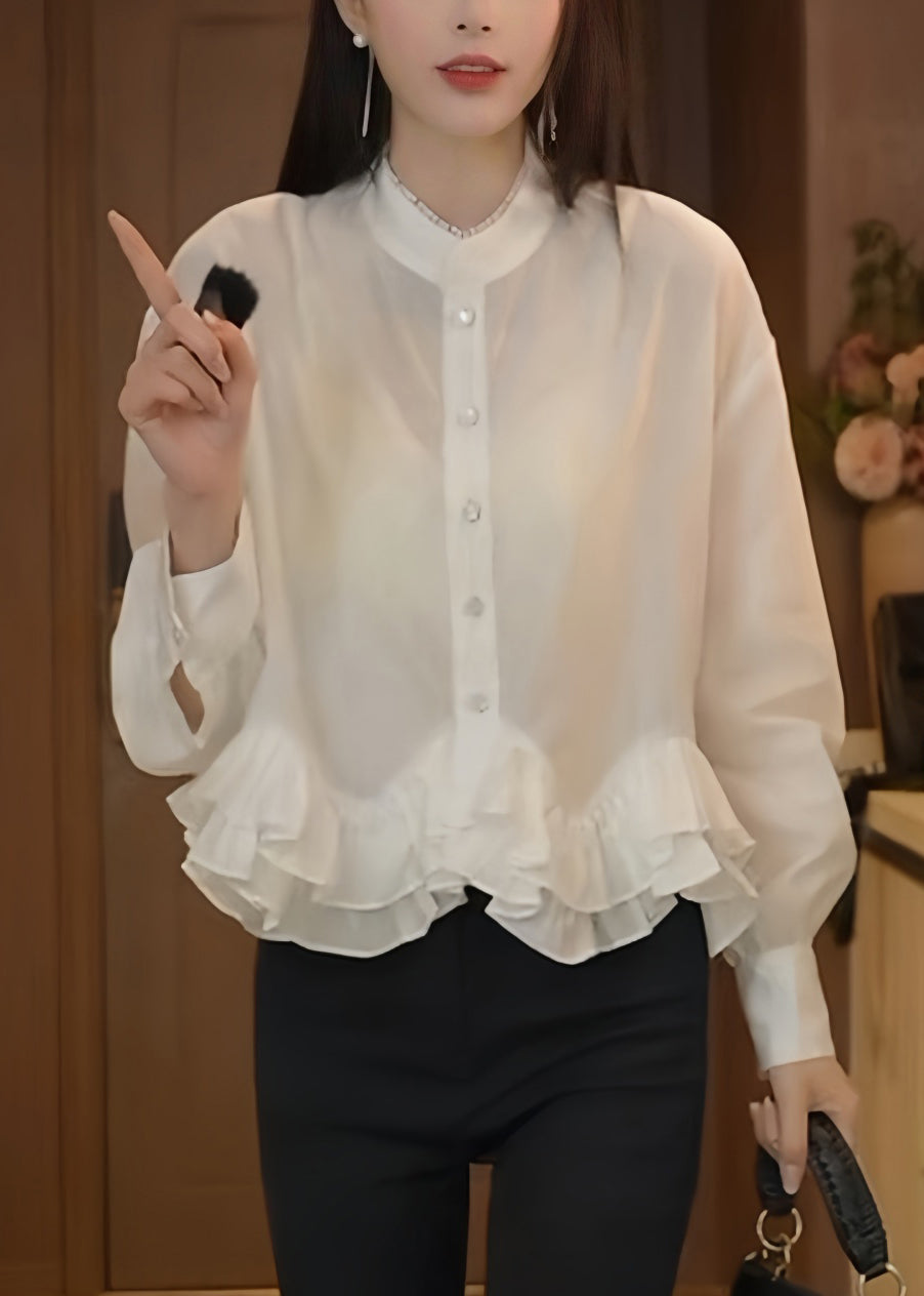 Elegant White Stand Collar Ruffled Cotton Blouses Fall