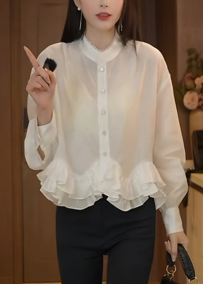 Elegant White Stand Collar Ruffled Cotton Blouses Fall