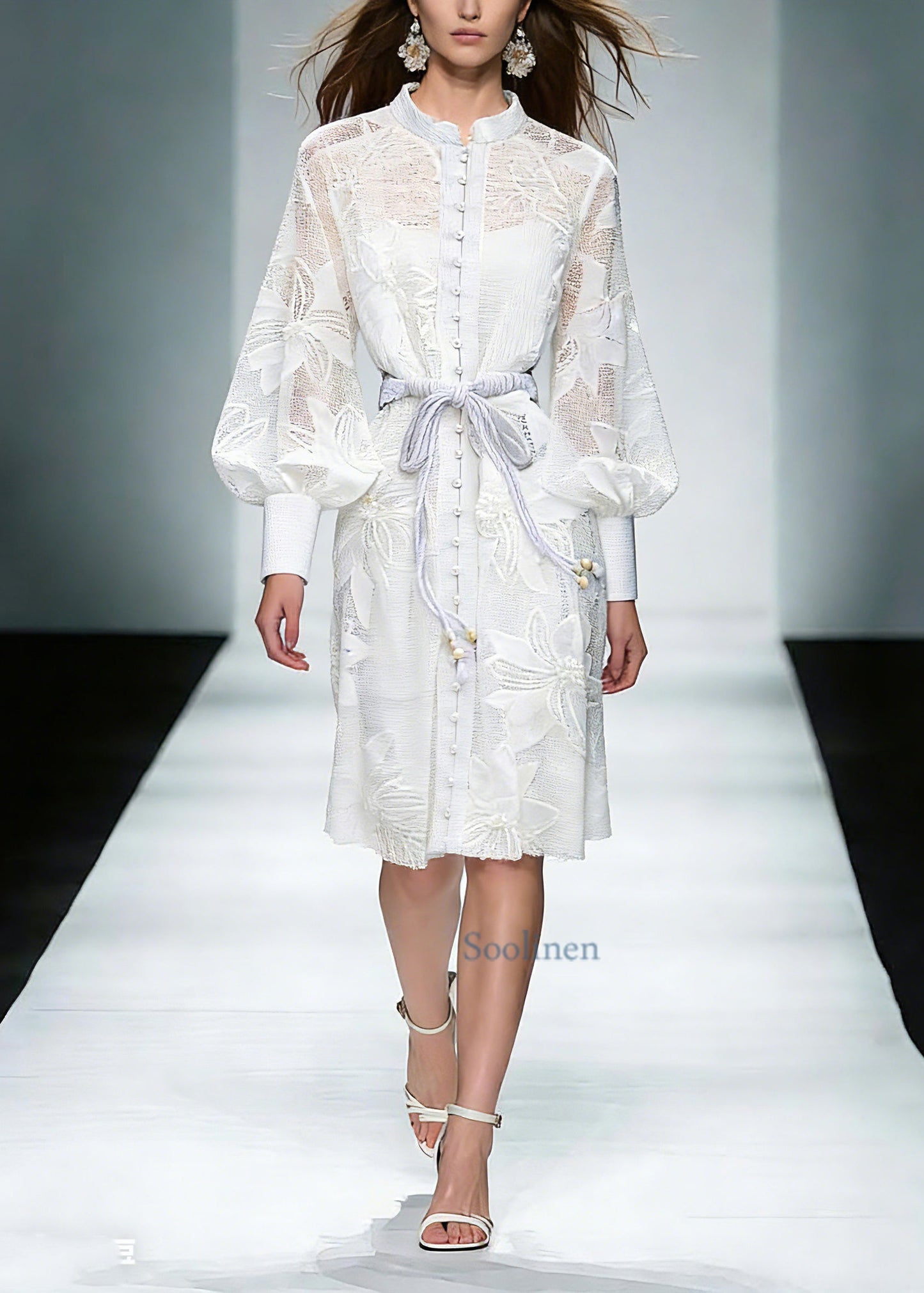 White Stand Collar Tie Waist Maxi Shirts Dresses Lantern Sleeve