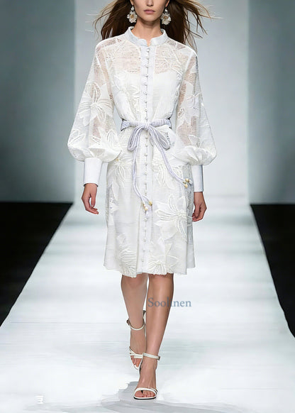 White Stand Collar Tie Waist Maxi Shirts Dresses Lantern Sleeve
