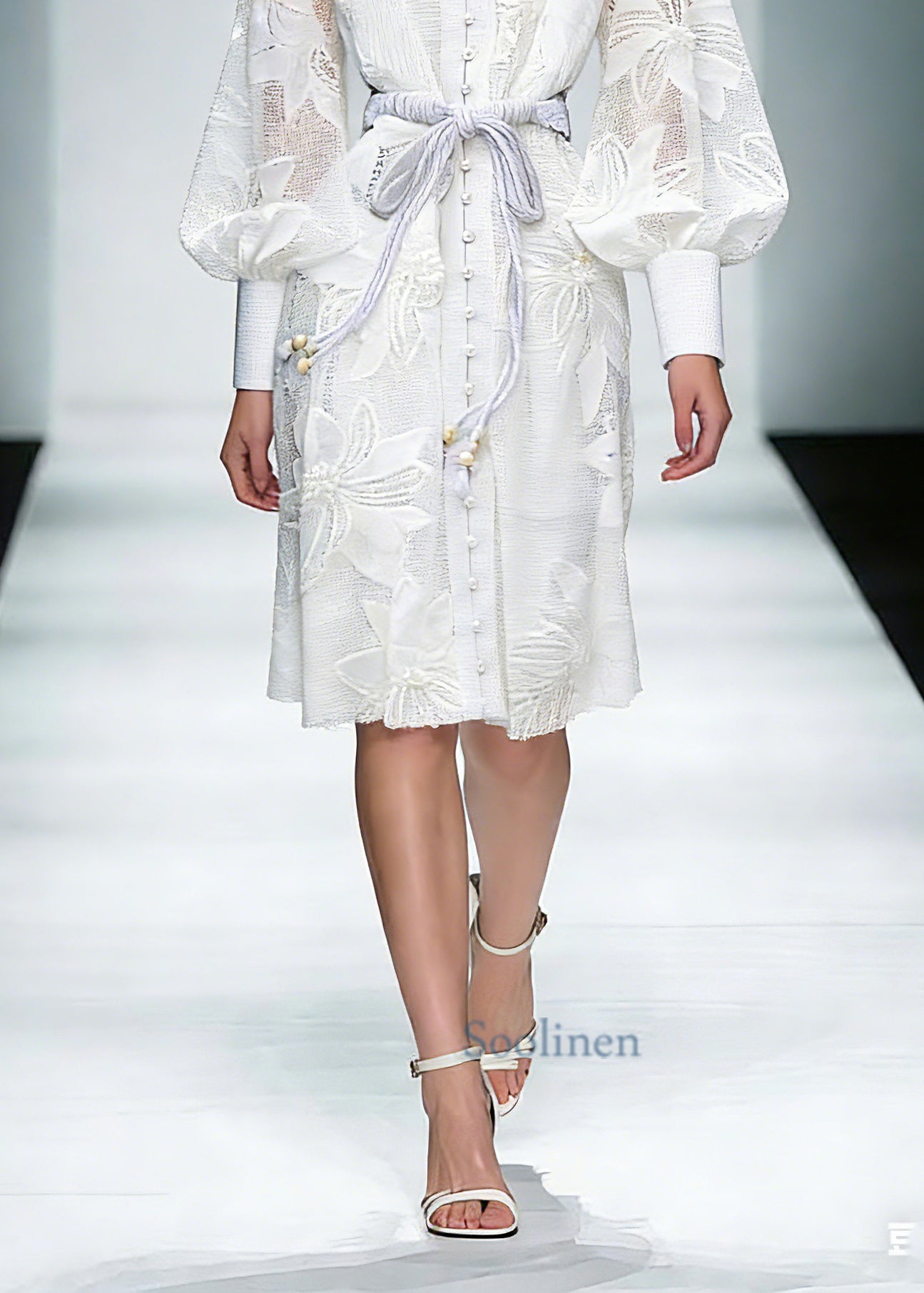 White Stand Collar Tie Waist Maxi Shirts Dresses Lantern Sleeve